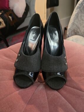 NO LONGER FOR SALE.   Baby Phat  Black Peep-Toe Heels with Herringbone Accent